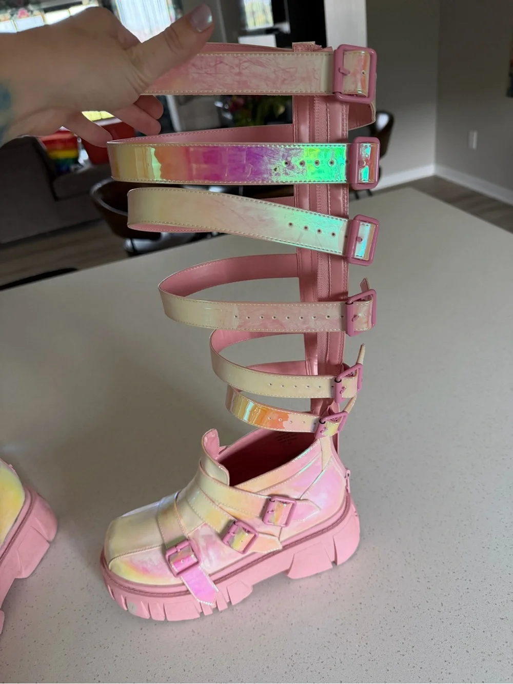 Sugar Thrillz Iridescent Pink Holographic Strappy Platform Boots